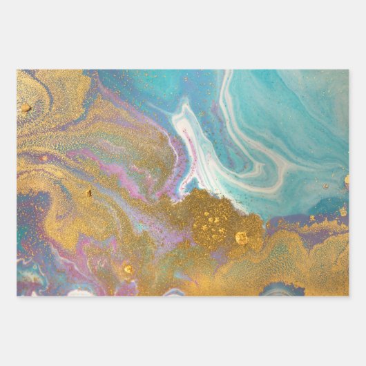 Marmorierte Wirbel Pink Aqua Blue Gold Glitzer Sti Geschenkpapier Set (Vorderseite)