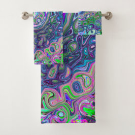 Marmorkalkgrün und Lila Abstrakter Retrowirbel Badhandtuch Set