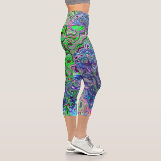 Marmorkalkgrün und Lila Abstrakter Retrowirbel Capri Leggings (Rechts)