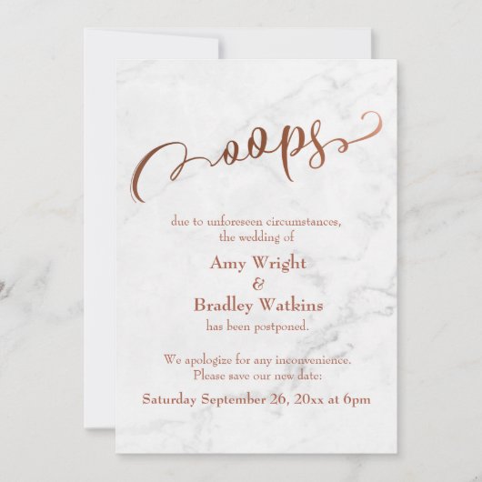 Marmorkupfer Hochzeit verzögert "Oops!" Aktualisie Einladung (Vorderseite)