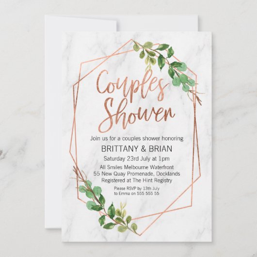 Marmorline Art Greenery Paare Dusche Einladung (Vorderseite)