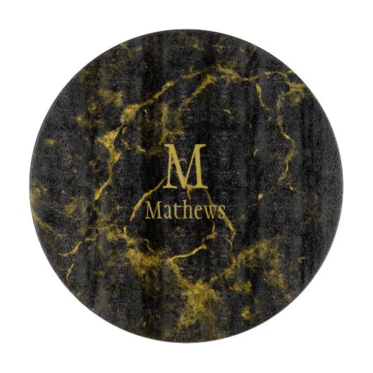 Marmormonogramm Schwarzes Gold 12" Schneidebrett (Vorderseite)