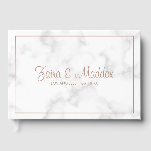 Marmorne Rose Gold Script Moderne Hochzeit Gästebuch (Vorderseite)