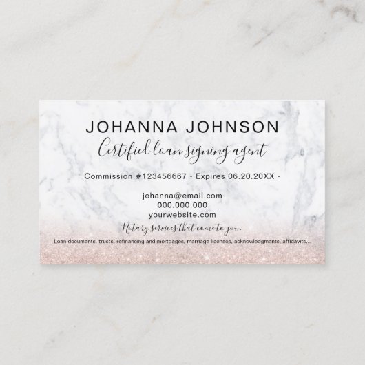 Marmornotary Kredit typografie Rose Gold Glitzer Visitenkarte (Rückseite)