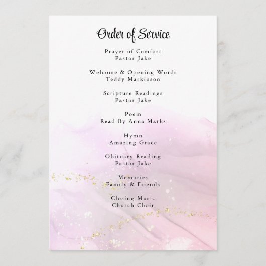 Marmorrosa und Goldflorale Begräbnisprogramm Programm (Rückseite)