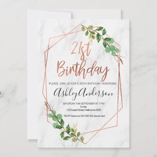 MarmorRosen-Goldlaub-21. Geburtstagseinladung Einladung (Vorderseite)
