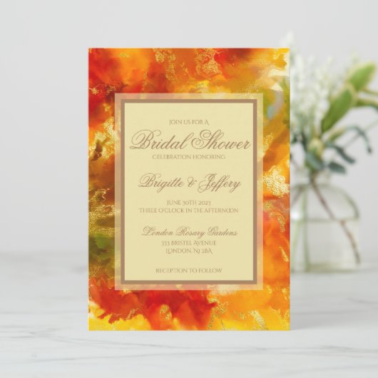 Marmorrot, orange, gold, gelb, Brautparty Save The Date (Stehend Vorderseite)