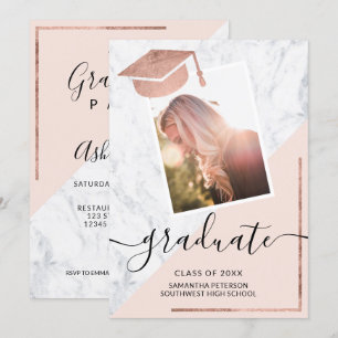 Marmorrot Rose Gold Graduierte Foto Abschluss Einladung