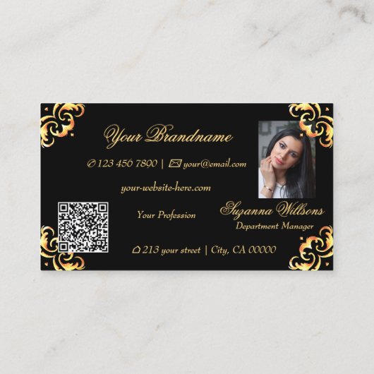 Marmorschwarz-goldene Dekoration mit Foto- und QR- Visitenkarte (Rückseite)