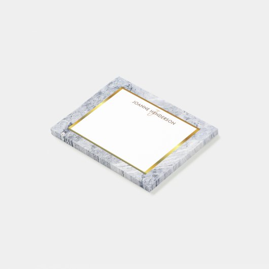 Marmorsteingoldmonogrammname des grauen Weiß Post-it Klebezettel (angewinkelt)