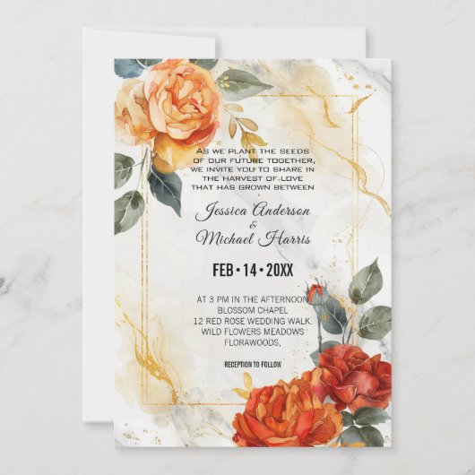 Marmorträume: Orange Rose Elegance Einladung (Vorderseite)