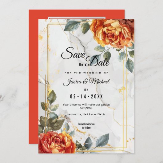 Marmorträume: Orange Rose Elegante Collection Save The Date (Vorne/Hinten)