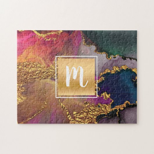 Marmorwasserfarbe, lila-grüne Monogramm Puzzle (Horizontal)