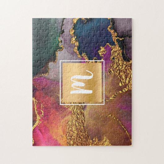 Marmorwasserfarbe, lila-grüne Monogramm Puzzle (Vertikal)