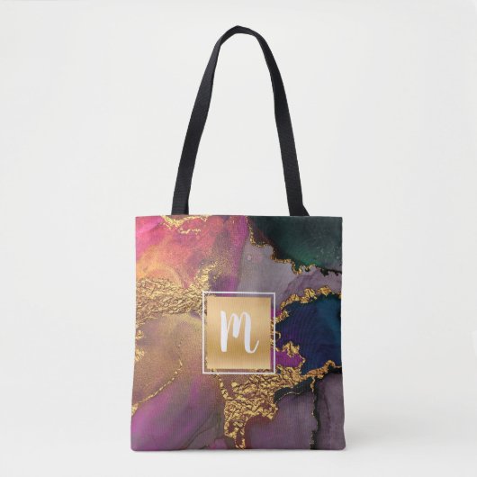 Marmorwasserfarbe, lila-grüne Monogramm Tasche (Vorderseite)