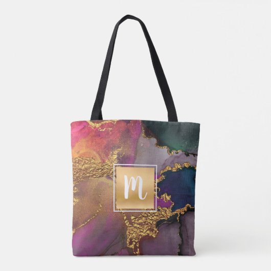 Marmorwasserfarbe, lila-grüne Monogramm Tasche (Rückseite)