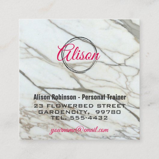 Marmorweiße rosa Kalligraphiebuchstaben quadratisc Quadratische Visitenkarte (Rückseite)