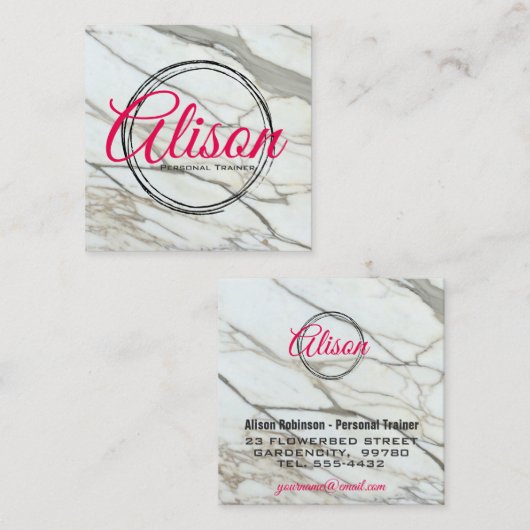 Marmorweiße rosa Kalligraphiebuchstaben quadratisc Quadratische Visitenkarte (Vorne/Hinten)