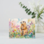 Marmot auf einer Wiese in der Blume Aquarell Postkarte (Stehend Vorderseite)