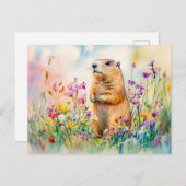 Marmot auf einer Wiese in der Blume Aquarell Postkarte (Vorne/Hinten)
