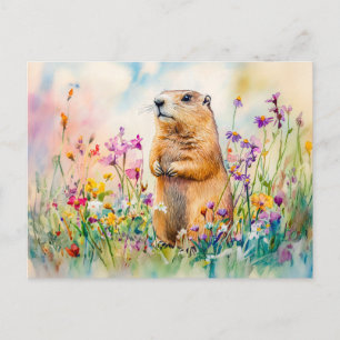 Marmot auf einer Wiese in der Blume Aquarell Postkarte