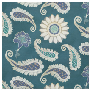 Marokkaner-Paisleyblumenkunst-Muster-Pfau-Blau Stoff