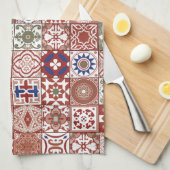 marokkanische Fliesen - bordeauxrot und blau Geschirrtuch (Viertel Falte)