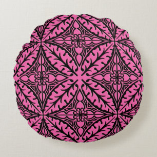 Marokkanische Fliesen - Fuchsia Rosa und Schwarz Rundes Kissen