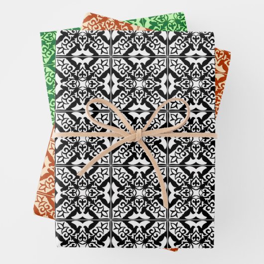 marokkanische Fliesen, Schwarz/Weiß, Orange, Jade Geschenkpapier Set (Beispiel)