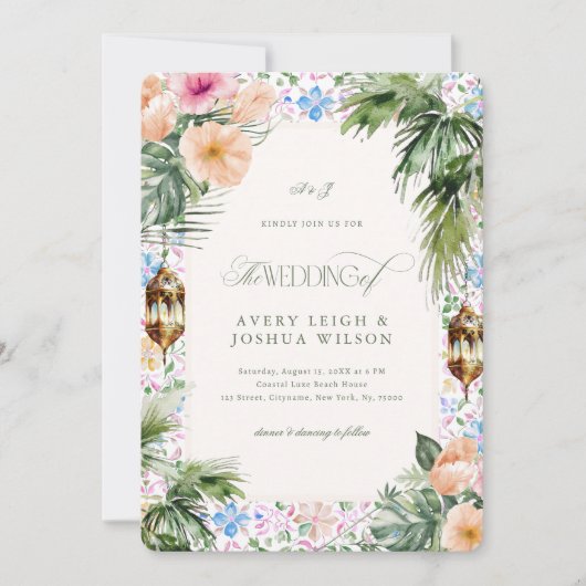 Marokkanische Fliesen Tropische Hibiskus-Hochzeit Einladung (Vorderseite)