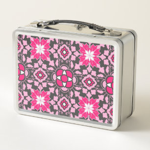 marokkanische florale Fliesen, Fuchsienrosa & Grau Metall Lunch Box