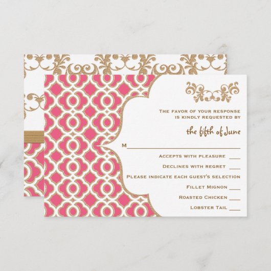 Marokkanische Hochzeitskarten in heißen Rosa und G RSVP Karte (Vorne/Hinten)