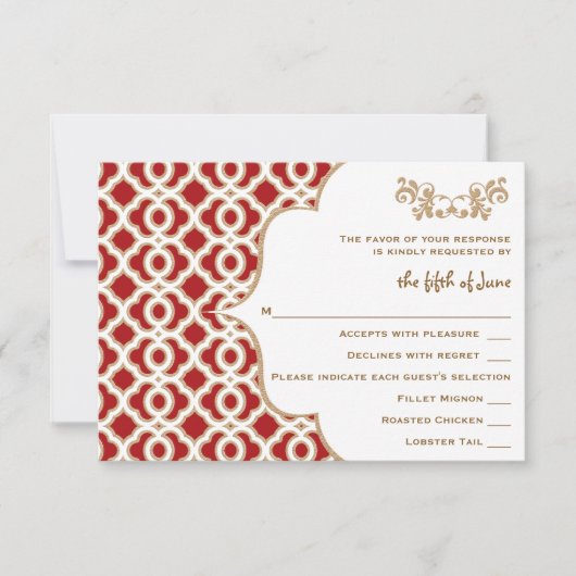 Marokkanische Hochzeitskarten in Rot und Gold RSVP Karte (Vorderseite)