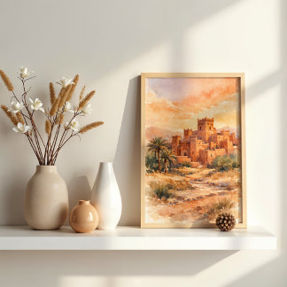 Marokkanische Kasbah-Wasserfarbe in der Wüste Poster