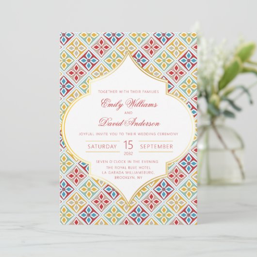 marokkanische Tile Pattern Red QR Einladung zur Ho (Stehend Vorderseite)