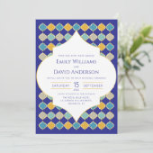 Marokkanische Tile Royal Blue Golden Wedding Einladung (Stehend Vorderseite)