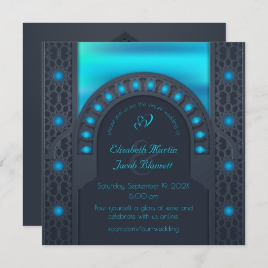 Marokkanischer Archway Blue Virtual Wedding Einladung (Vorne/Hinten)