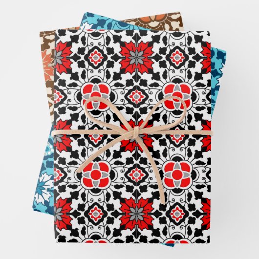 marokkanischer Blumenstrauß, Rot/Zurück, Blau, Ros Geschenkpapier Set (Beispiel)