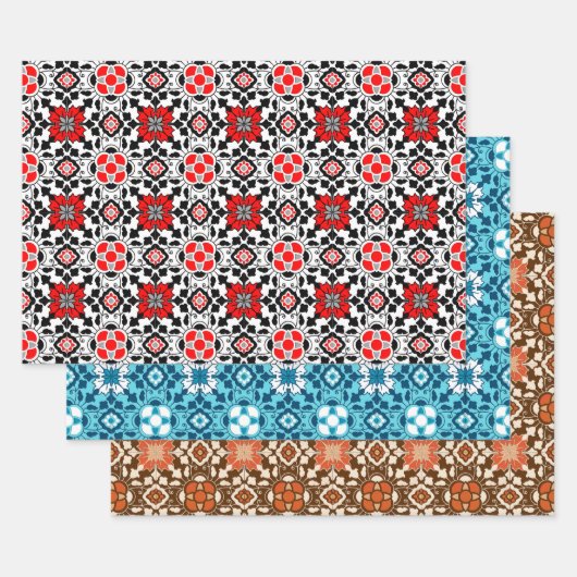 marokkanischer Blumenstrauß, Rot/Zurück, Blau, Ros Geschenkpapier Set (Set)
