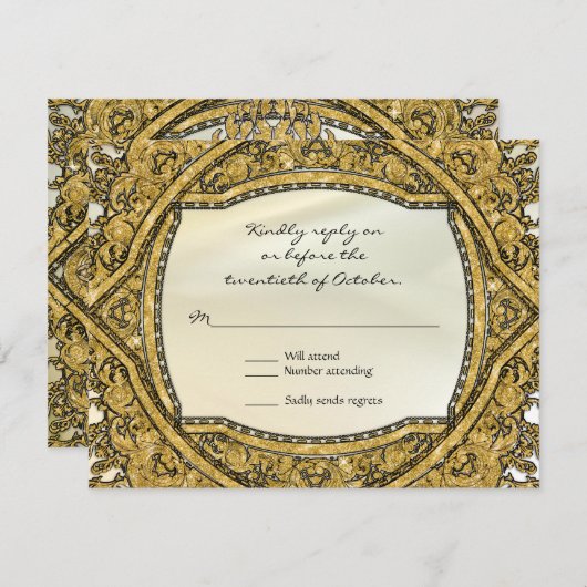 Marokkanischer Swirl Scroll Gold Glitzer Hochzeit RSVP Karte (Vorne/Hinten)