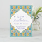 Marokkanischer Tiles Blue Golden QR Code Einladung (Stehend Vorderseite)