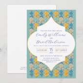 Marokkanischer Tiles Blue Golden QR Code Einladung (Vorne/Hinten)
