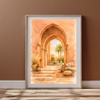 Marokkanischer Torbogen-Aquarell-Riad mit Brunnen Poster