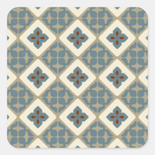 Marokkanisches Blumenmuster Muster Blue Tan Red Quadratischer Aufkleber