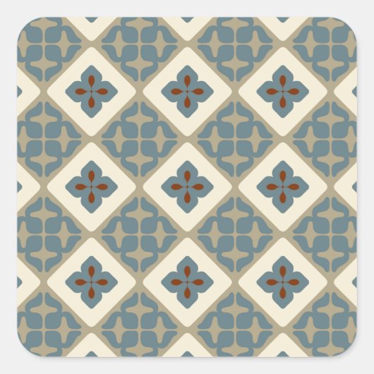 Marokkanisches Blumenmuster Muster Blue Tan Red Quadratischer Aufkleber (Vorderseite)