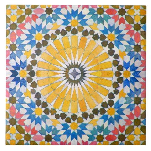 Marokkanisches Design in Blau, Gelb und Rosa Tile Fliese (Vorderseite)