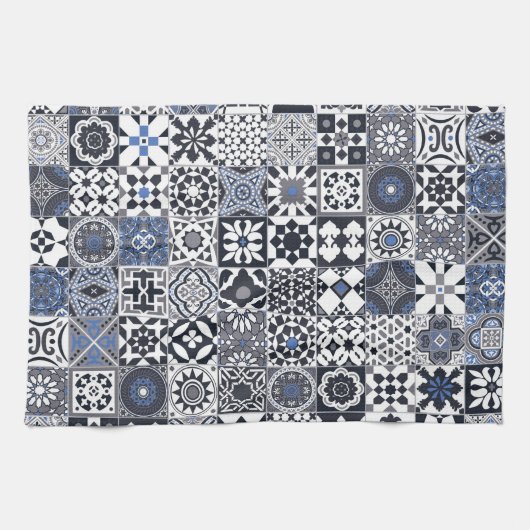 Marokkanisches Fliesen schwarz, blau, grau Geschirrtuch (Horizontal)