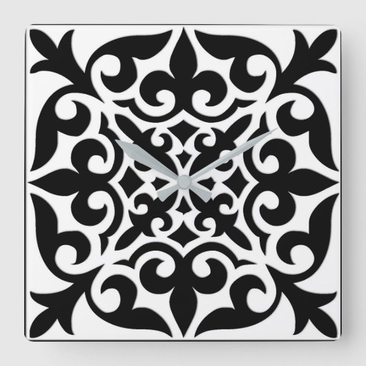 Marokkanisches Fliesen - weiß mit schwarzem Hinter Quadratische Wanduhr (Vorderseite)