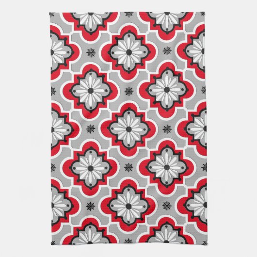 Marokkanisches Fliesenmuster - Grau und Rot Handtuch (Vertikal)