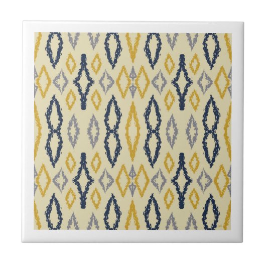 Marokkanisches Ikat Blue Yellow Pattern Fliese (Vorderseite)